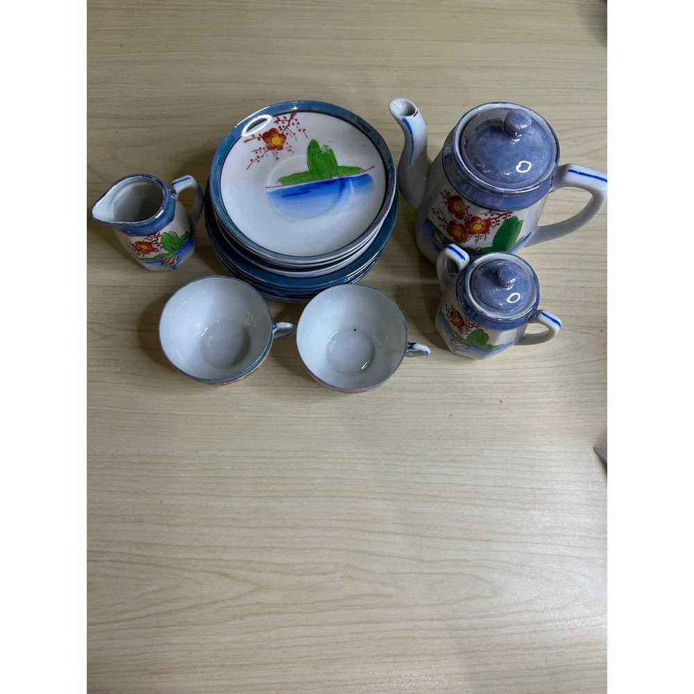 Vintage‎ Miniature Lusterware Tea Set Hand Painted Swan Landscape 17 Piece Set